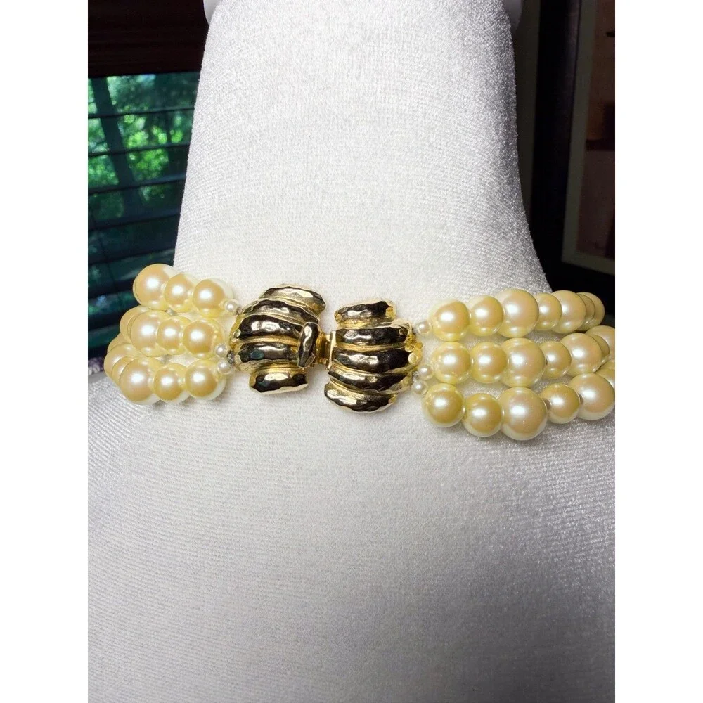 Rare Vintage Gay Boyer triple strand pearl necklace gold seashell clasp
